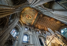 The Apse Chapel. The late 15th century wooden Presbytery ceiling, a Victorian re-working of Christ in Majesty damaged by musket fire in the 17th century and the late 19th century ciborium over the High Altar copied from Santa Maria in Cosmodin in Rome.